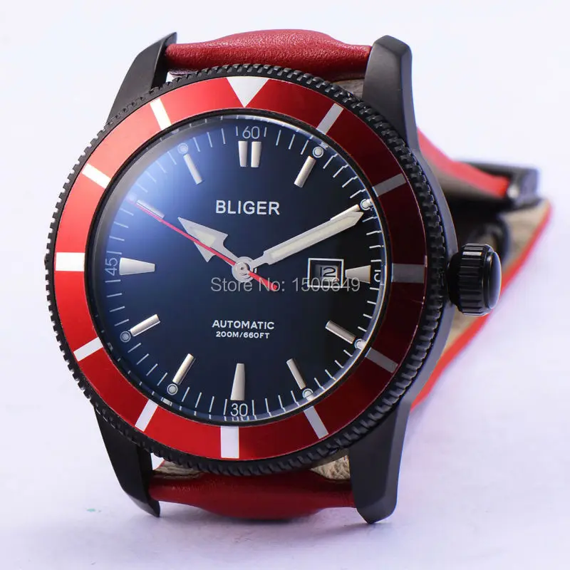 BLIGER 46 мм нержавеющая сталь PVD Черный Стальной чехол светящиеся часы рука красный
