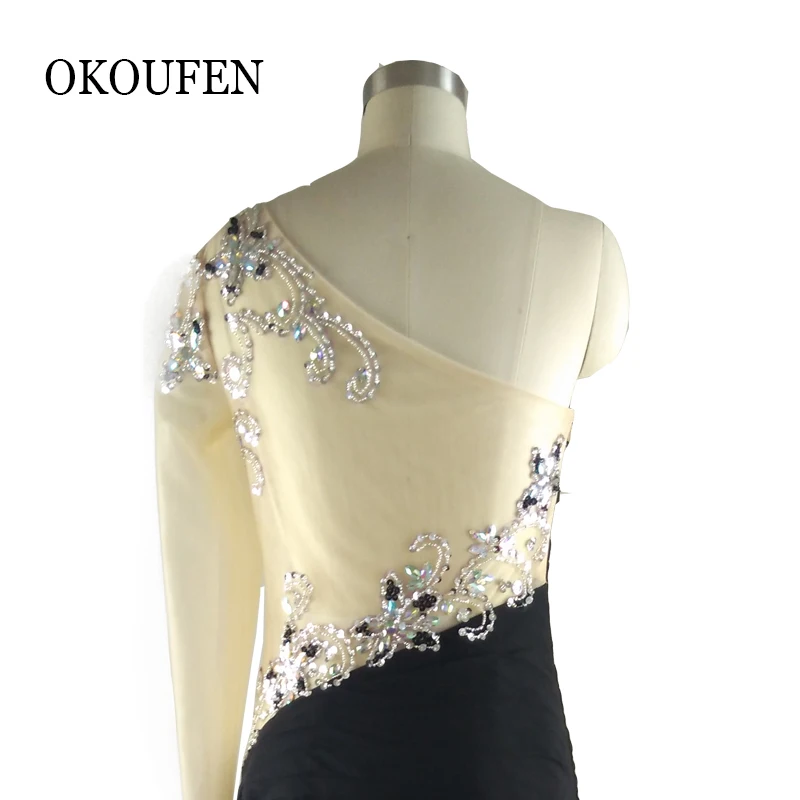 fashion black prom dresses 2019 new one shoulder long sleeves beaded women pageant gown formal party dress vestido de festa | Свадьбы и