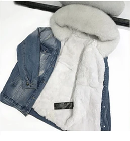 blue coat white fur Зимняя куртка, пальто, женская белая джинсовая куртка с дырками, настоящий большой воротник из лисьего меха, с капюшоном, с подкладкой из кроличьего меха, свободная куртка, Корейская Новинка - Цвет: blue coat white fur