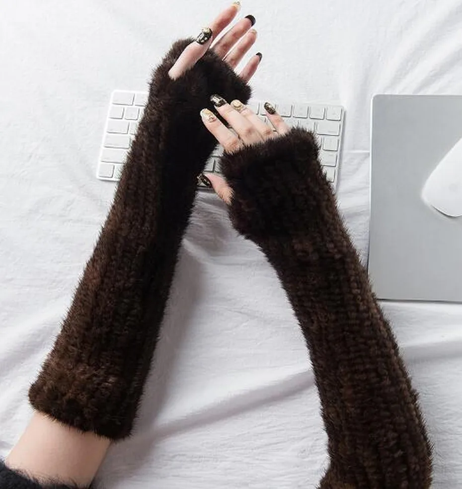 ZDFURS* новые рукавицы из меха норки модные меховые перчатки черные коричневые зимние вязаные перчатки из меха норки варежки 30 см/40 см - Цвет: 40cm brown