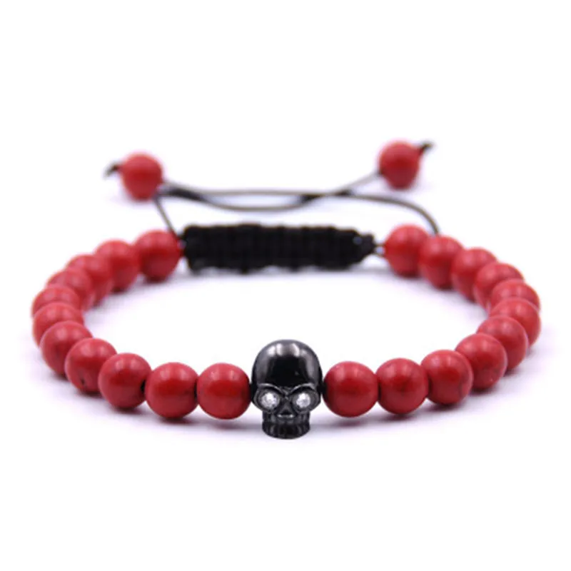 New Hand-woven Skull Head Cubic Zirconia Copper Beads Natural Red Turquoises Lava Stone Beaded Bracelet Bangle Women Men Jewelry | Украшения