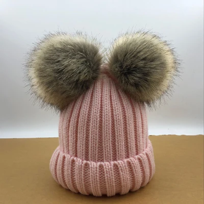 Pink Теплые зимние шапки для маленьких мальчиков и девочек, большие размеры 15 см, помпон с искуственным мехом, детские вязаные шапки - Цвет: Pink