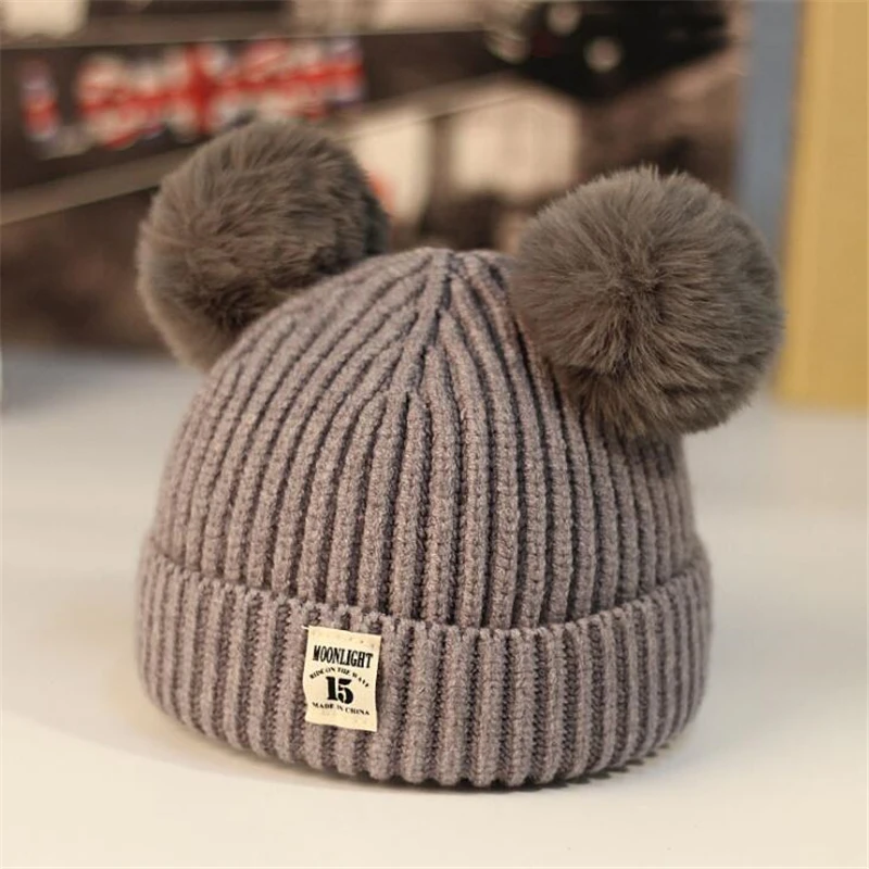 2019 Korean Style Baby Winter Warm Beanies Caps Dual Ball Boys Girsl Knitted Hats Child Kid Cotton Hat For 6~24Months | Детская одежда