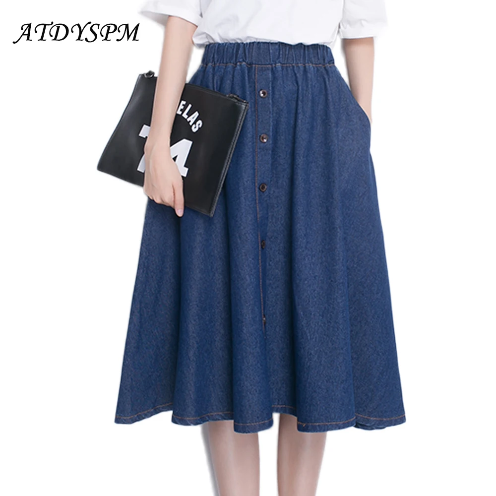 

Summer Thin And Loose Women Denim Skirts Elastic High Waisted Casual Midi Skirt For Women Vintage Pleated A-Line Skirts Womens