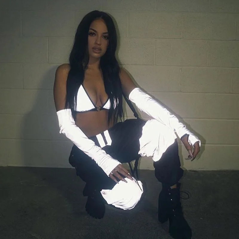 Женские повседневные брюки со светоотражающими вставками серые свободные