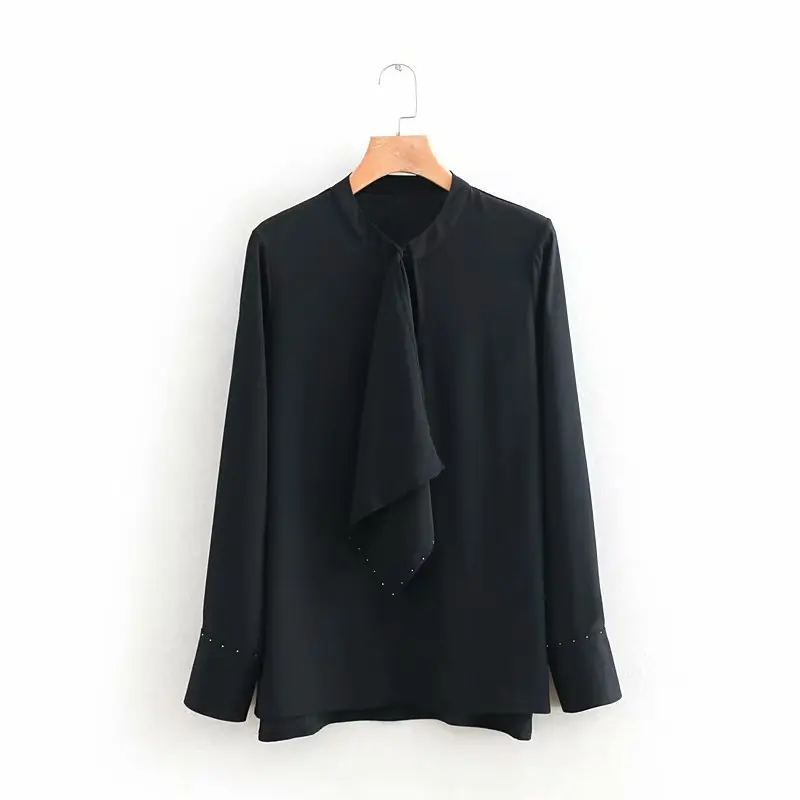 women long sleeve black white color basic casual blouse shirt beading scarf design chic blusas brand femininas tops LS3034 |
