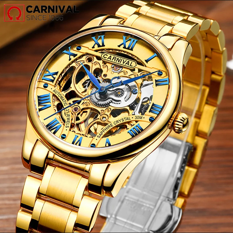 Carnival Relogio Masculino Wrist Watch Golden Men Automatic Hollow Transparent Mechanical Male Steel Band Watches Casual Clock | Наручные