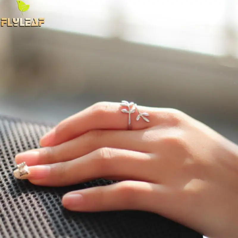 925 пробы серебряные кольца с двойными листьями открытые для женщин Лесной стиль