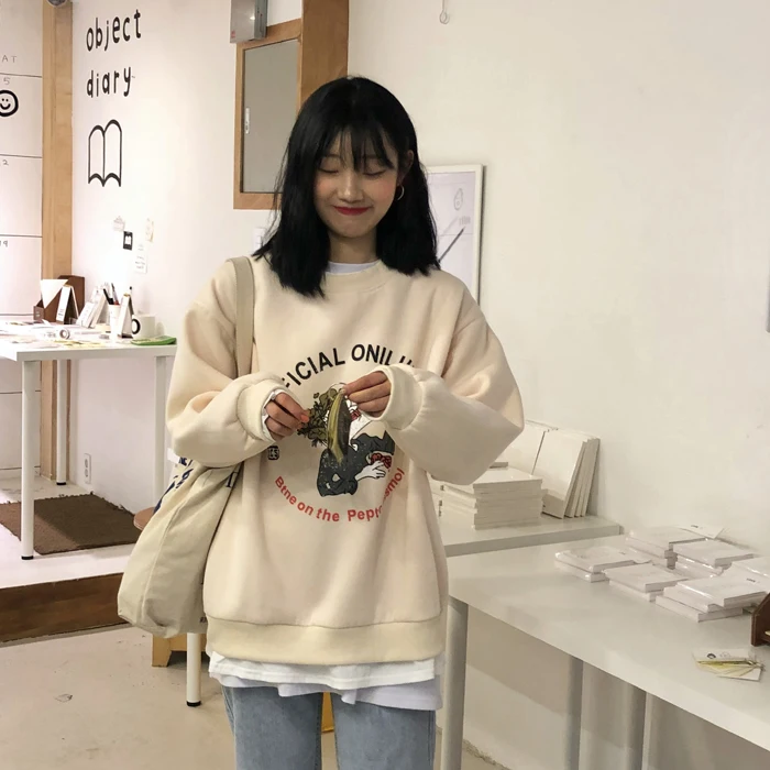 Для женщин кофты Harajuku Ulzzang мультфильм печатных свободные шею толстовка для