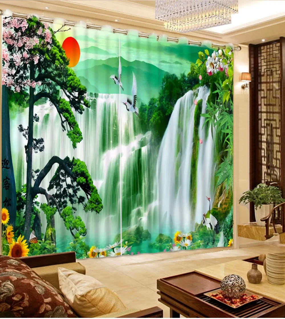 

Chinese Beautiful Landscape Curtain For Home Window Decoration Waterfall Drapes Printing Bedroom Curtains