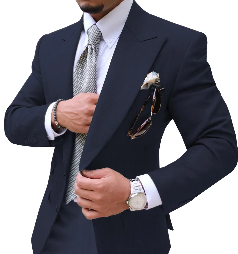 Navy Мужские костюмы Slim Fit из двух частей шампанского деловой пиджак жениха смокинг Блейзер зеленые костюмы для свадьбы выпускного вечера(Блейзер+ брюки - Цвет: Navy