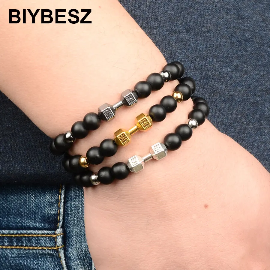 Натуральный Черный Гладкий Оникс Камень бисер браслеты Шарм браслет с гантелей