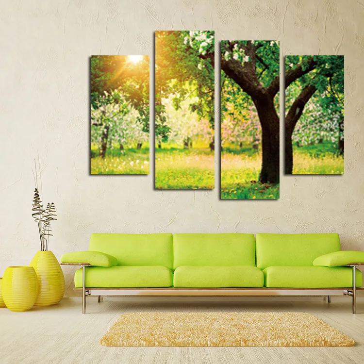 Мода HD Солнечный свет через листья пейзаж холст Картина 4 панели Настенная
