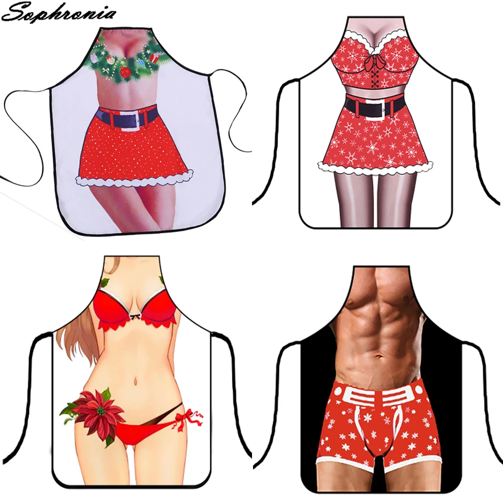 

Christmas Kitchen Aprons Sexy Funny Printed Aprons Dinner Party Baking Apron Delantal Cocina For Woman Man BBQ Cartoon CWQ008