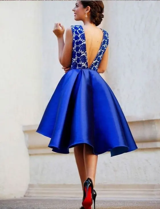 2017 Deep V neck Prom Dresses Royal Blue with lace Open Back A line Knee length Short Evening Formal | Свадьбы и торжества