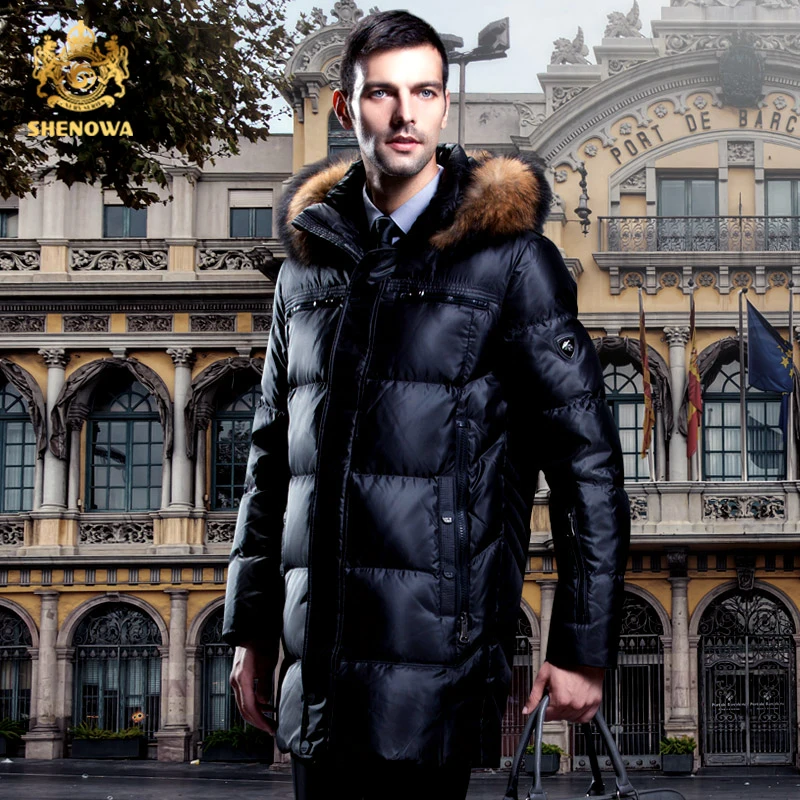 Новинка 2019 мужской пуховик из меха енота тонкий средней длины утепленный для