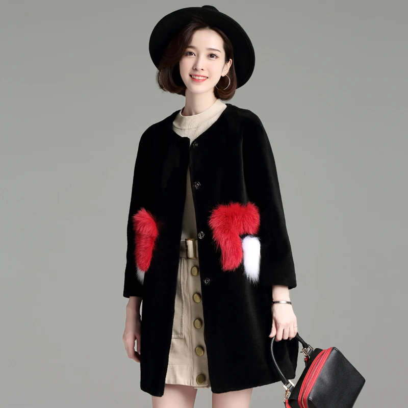 Женское зимнее пальто из натурального меха Черное длинное шерстяное с длинными