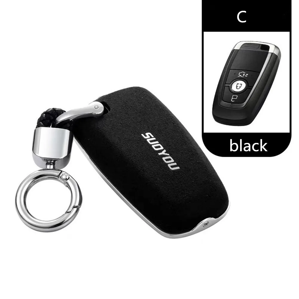 black Автомобильные аксессуары ключ чехол из натуральной кожи из оцинкованной для Ford Fusion Mustang Explorer F-150 F-250 F-350 - Название цвета: black