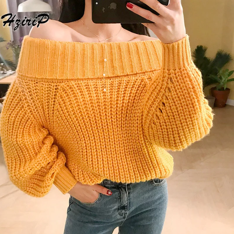 HziriP 2018 Korea Chic Autumn Winter New Women Sweater Long Sleeve Sexy Off Shoulder Pullover Loose Solid Female Elegant Tops | Женская