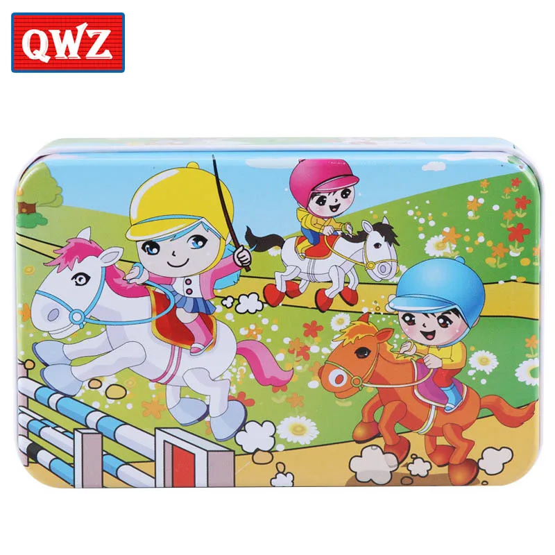 QWZ 60 шт. 3D DIY деревянные головоломки обучающая игрушка милая головоломка железная коробка Мультяшные персонажи животные Раннее Обучение для детей Подарки