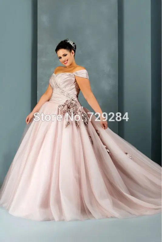 Тюль Суд Поезд Выкл-плечу Бальное платье Плюс Размер Свадебное Платье С Ручной