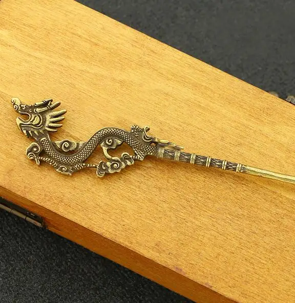 Коллекция Ретро китайская латунь Резные животные Зодиак Дракон шпилька для