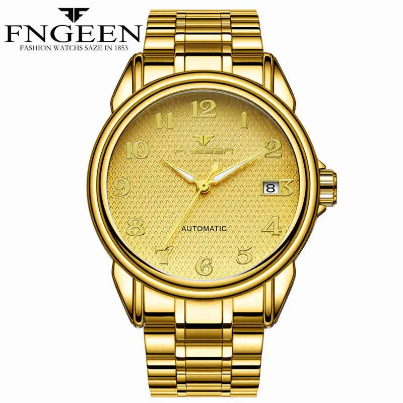Gold Watch Automatic Mechanical Wristwatch Brand FNGEEN Luxury Men Watches Skeleton Stainless Steel Waterproof Clock Digital Man | Наручные