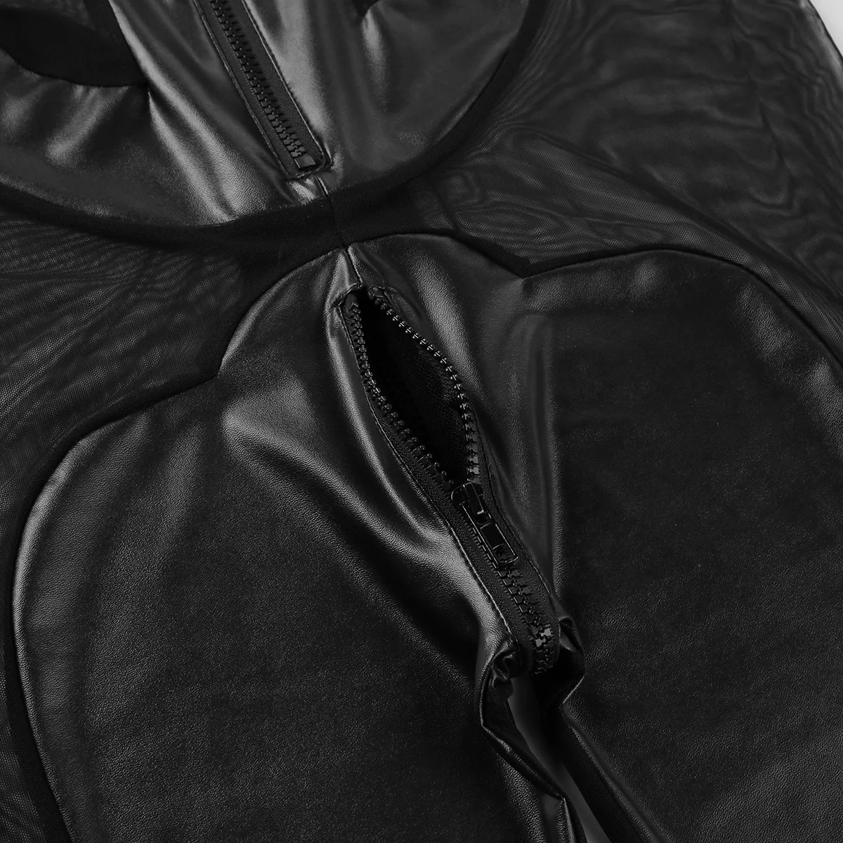 

iEFiEL Mens One-piece Faux Leather Mesh Splice Latex Catsuit Night Clubwear Long Sleeves Zipper Shorts Leotard Bodysuit Jumpsuit