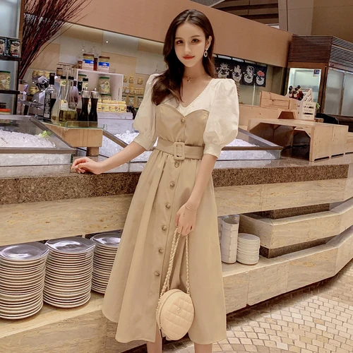 Женское платье в стиле ретро с пышными рукавами длинное цвета хаки V-образным