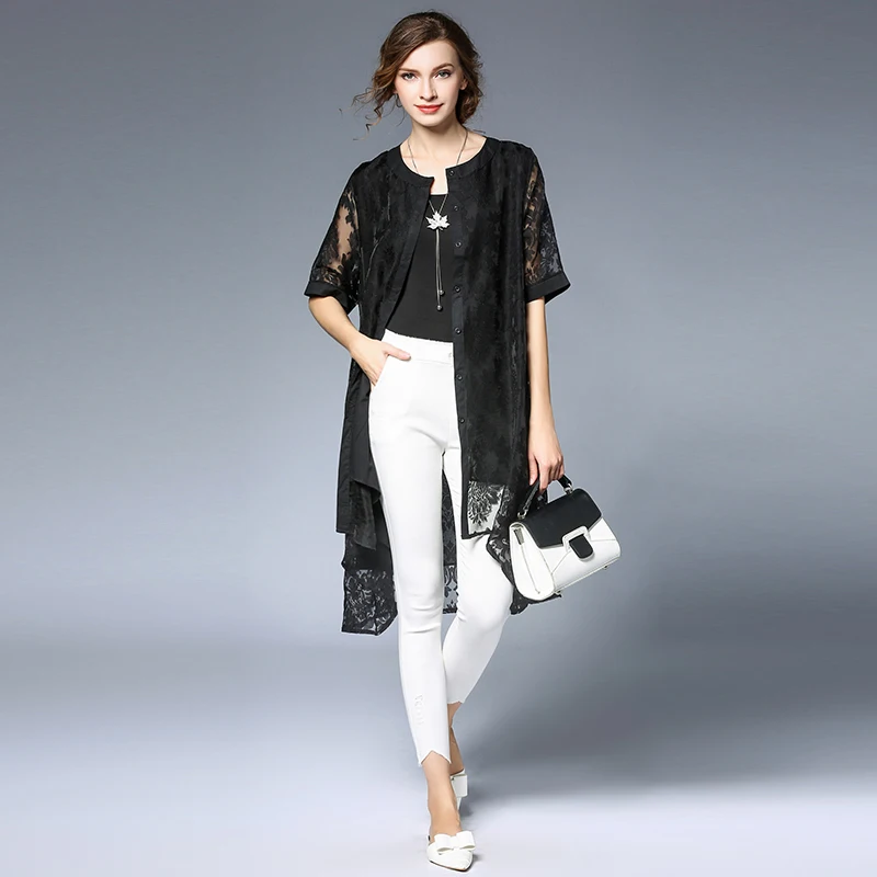 2017 Летняя мода Женщины Цветочный длинная блуза Большие размеры Полые Цветы Кофта