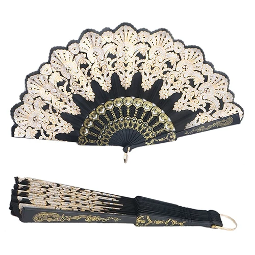 Vintage Chinese Ethnic Style Dance Party Wedding Golden Tone Hand Held Flower Folding Fan | Дом и сад
