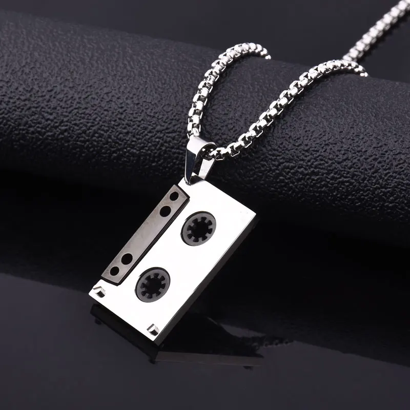 Stainless Steel Men audio tape shape pendant necklaces fashion 60cm long link chain vintage necklace men jewelry gift | Украшения и