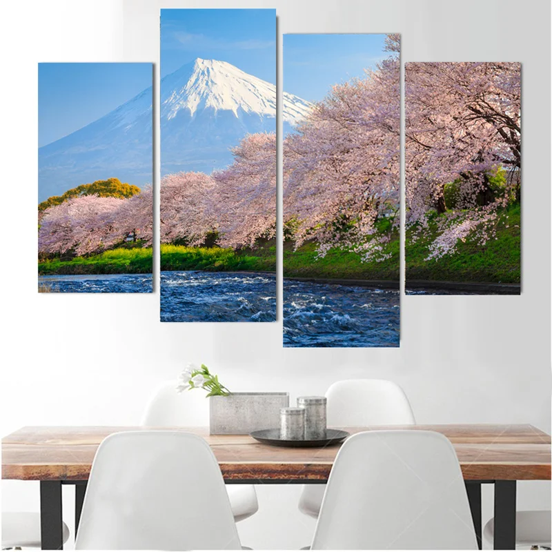 

Painting By Numbers 4 Panel Canvas Wall Painting Japan's Mount Fuji Cherry Art Picture Home Decor On Modern Cuadros Decoracion