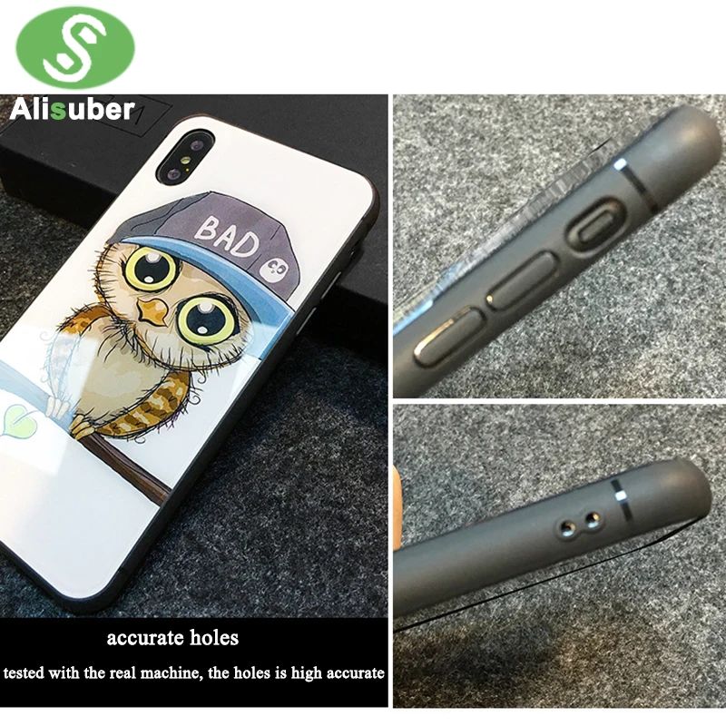 Alisuber Cute Owl Tempered Glass Phone Case for iphone X 7 8 plus Cartoon Cases Anti-knock Back Cover 6 6s Plus |