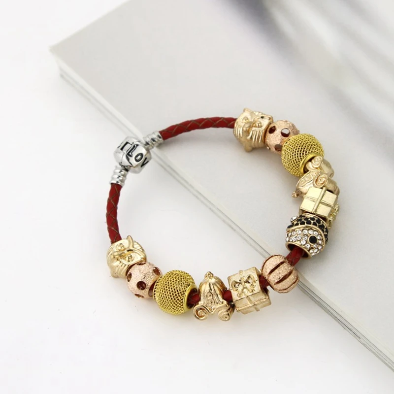 National Red Leather Rope Luxury Gold-color Beads Women Charm Bracelets Mother's Day Gift | Украшения и аксессуары