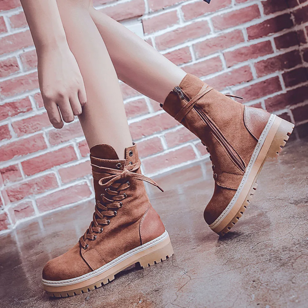 Boots Women's Retro Lace-UP Shoes platform Non-slip Round Toe Zipper Martin PU Leather Winter Classic Female Sep# | Обувь