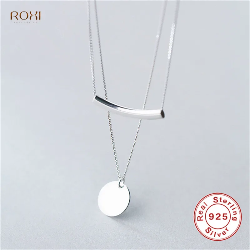 ROXI 925 пробы, серебряное ожерелье, Подвеска для женщин, простая Женская Длинная цепочка, монета, ожерелье, Двухслойное ожерелье, воротник