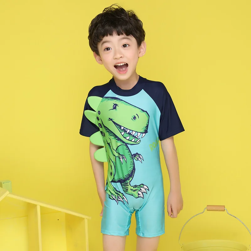 

New 1-10 Years Children Dinosaur Print One-Piece Swimsuit Cartoon Short Sleeve Kids Boys Swimwear Beachwear Cute Bathing Suits