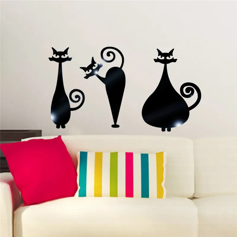 Съемный 3d Три кошки зеркала настенные наклейки Гостиная Спальня украшение стены