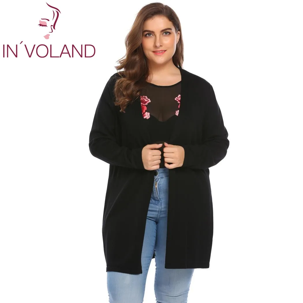 Black IN'VOLAND, большой размер, 5XL, женский кардиган, куртка, осень, открытая передняя часть, однотонный, тонкий, вязаный, большой, длинный свитер, верхняя одежда, пальто, топы размера плюс - Цвет: Black