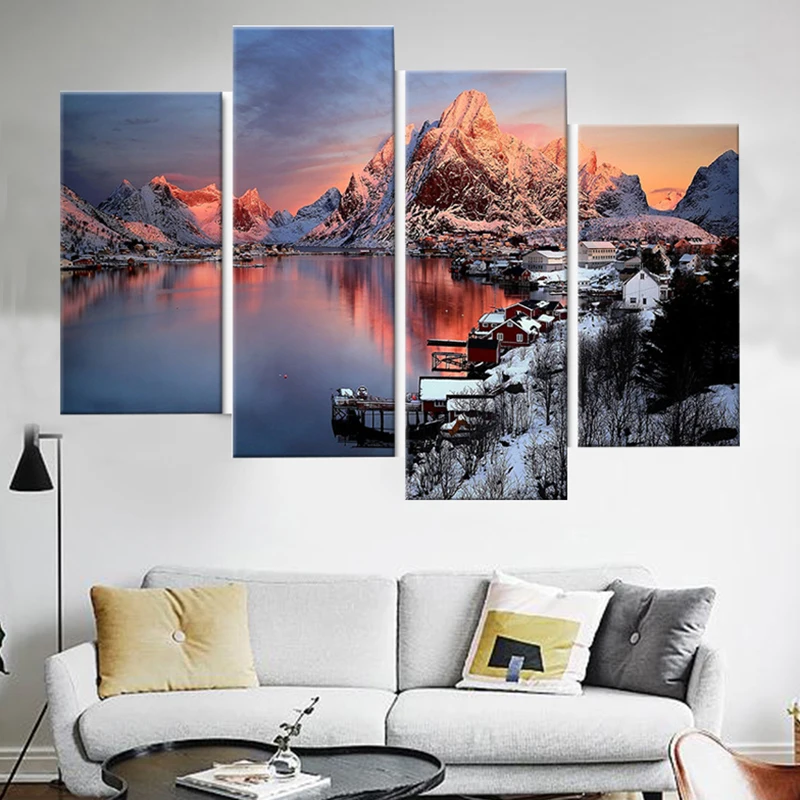 4 шт. Печать HD Painting Модульная современная пейзаж озеро натуральный снег Арт Холст Печати настенные картины Ванная комната Домашний декор.