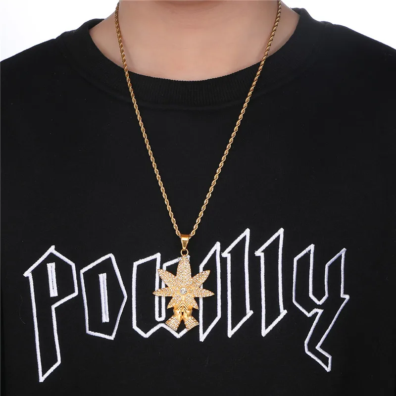 D & Z полностью проложили горный хрусталь лист Молитва Руки ожерелья для мужчин