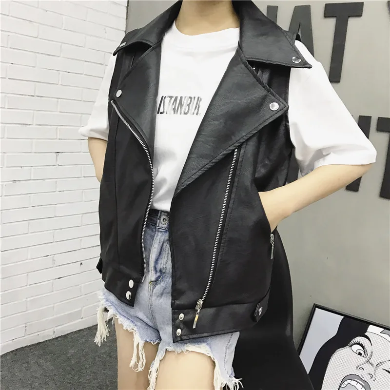 Женский жилет из искусственной кожи весна осень 2018 безрукавка байкерская куртка