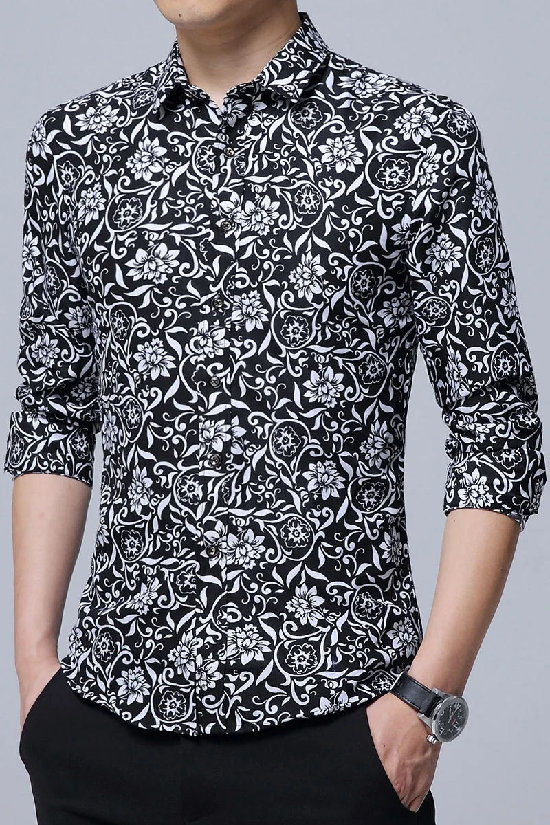 Brand 2018 Fashion Male Shirt Long-Sleeves Tops Printing Casual Mens Dress Shirts Slim Men Plus Size 5XL | Мужская одежда