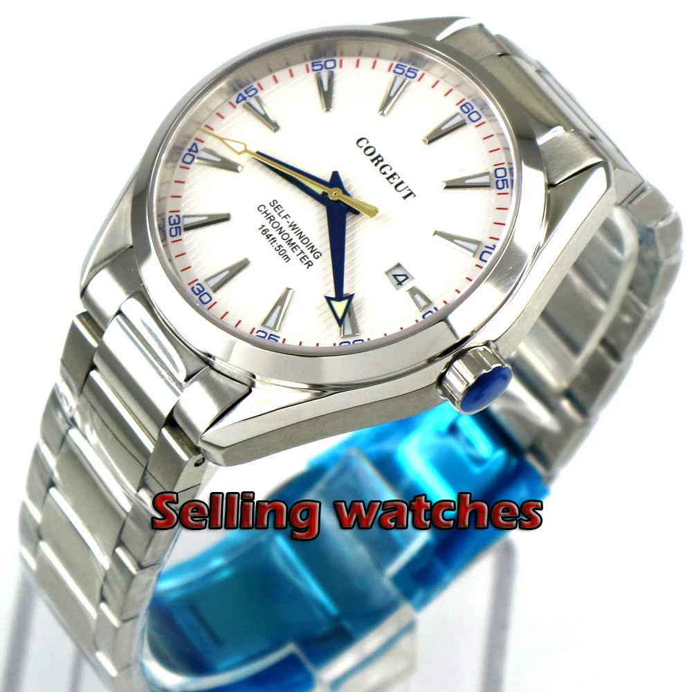 

41mm Corgeut White Dial Stainless steel Case steel strap Sapphire Glass Blue Hand Automatic Movement men's Watch