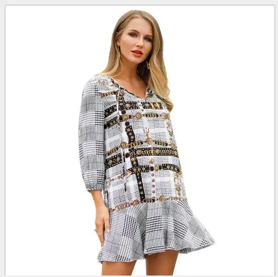 Women Dress 2019 New Spring V-Neck Long Sleeve Mini Female Outwear Fashion Casual Pullover Slim Fit Printing A-Line | Женская одежда