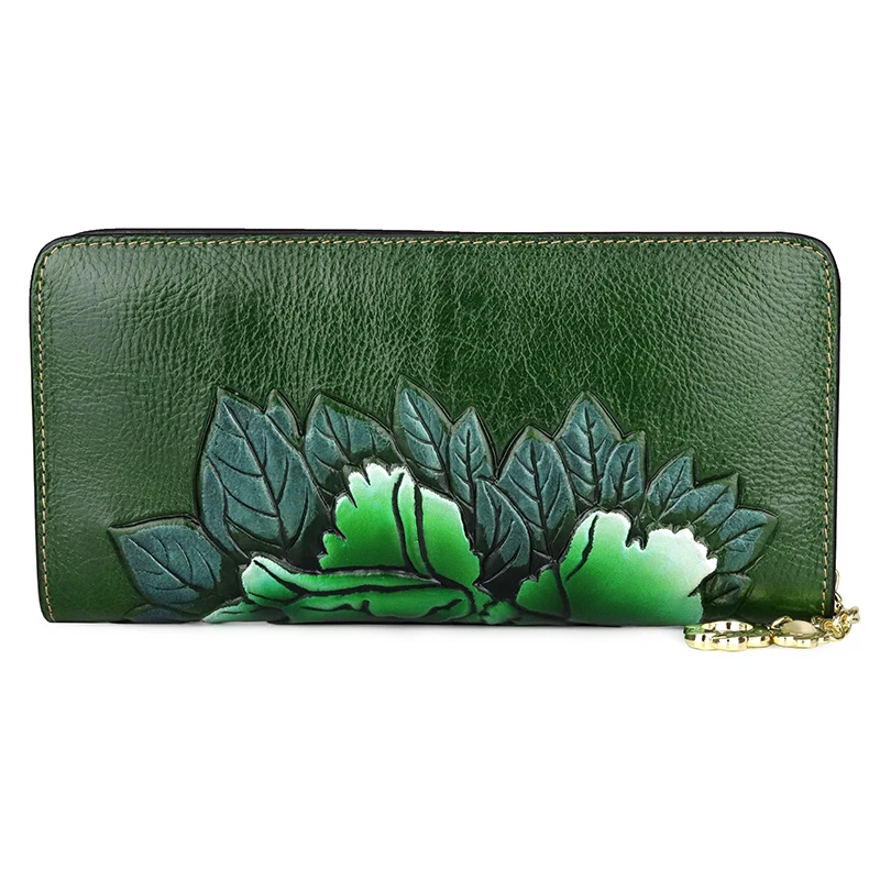 Женский зеленый кошелек Дамский Длинные кошельки для монет с тиснением и цветком