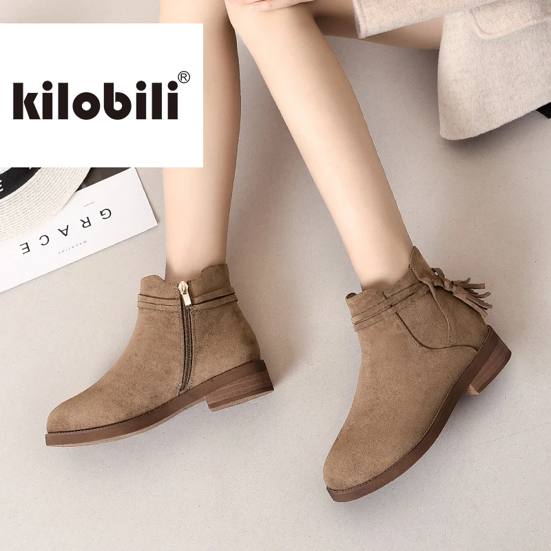 Kilobili/зимние женские ботинки замшевые ботильоны с бахромой модная женская обувь