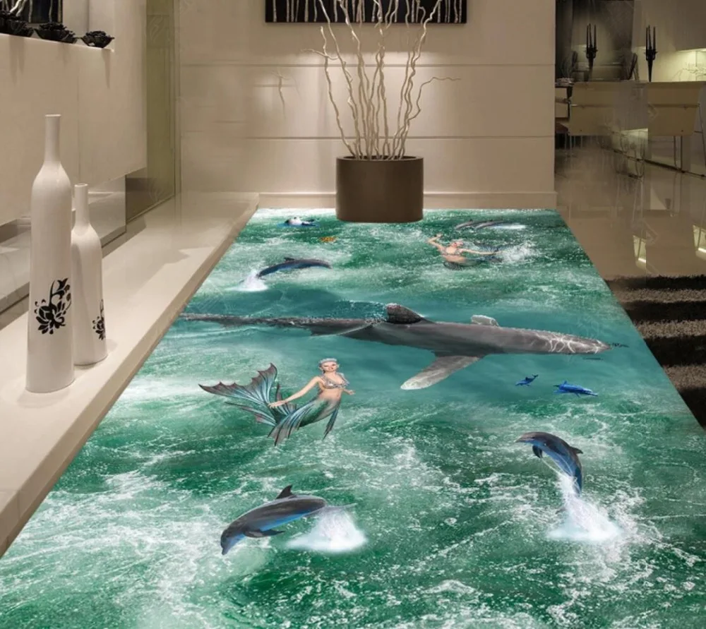 

[Самоклеющиеся] 3D морская дочка 4 дельфина Нескользящие водонепроницаемые фото самоклеющиеся напольные настенные наклейки обои фотообои п...