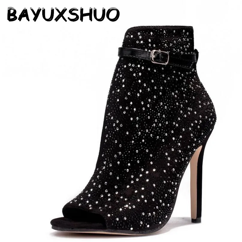 BAYUXSHUO/женские босоножки на высоком каблуке с кристаллами; фирменный дизайн; пикантные босоножки-гладиаторы с открытым носком на высоком каблуке; стразы; обувь для вечеринок с ремешком и пряжкой